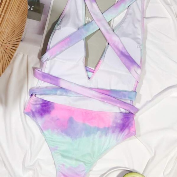 Boho Pink Tie Dye Wrap One Piece Monokini Swim Beach - Picture 4 of 4